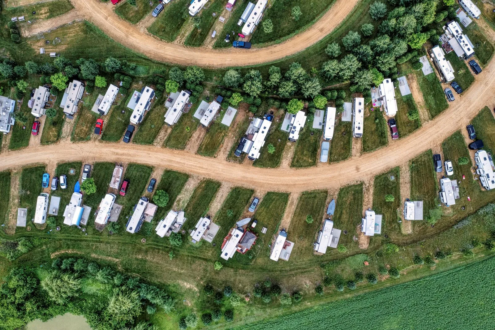 Aerial shot of motorhomes parked in a scenic campground in Nelson, Wisconsin.